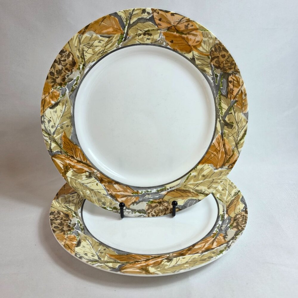 TWO Corelle Woodland Leaves Dinner Plates White with Brown & Tan Leaves on Rim